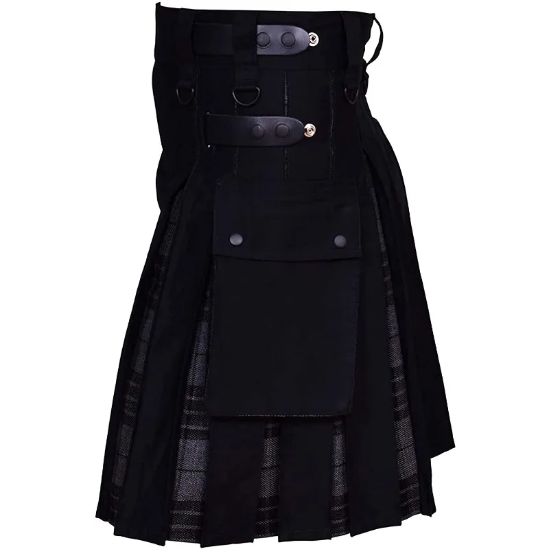 Kilts-Herren Plus Size Scottish Hybrid schwarze Baumwolle & Tartan Utility Kilts mit Lederriemen Kilts für Männer