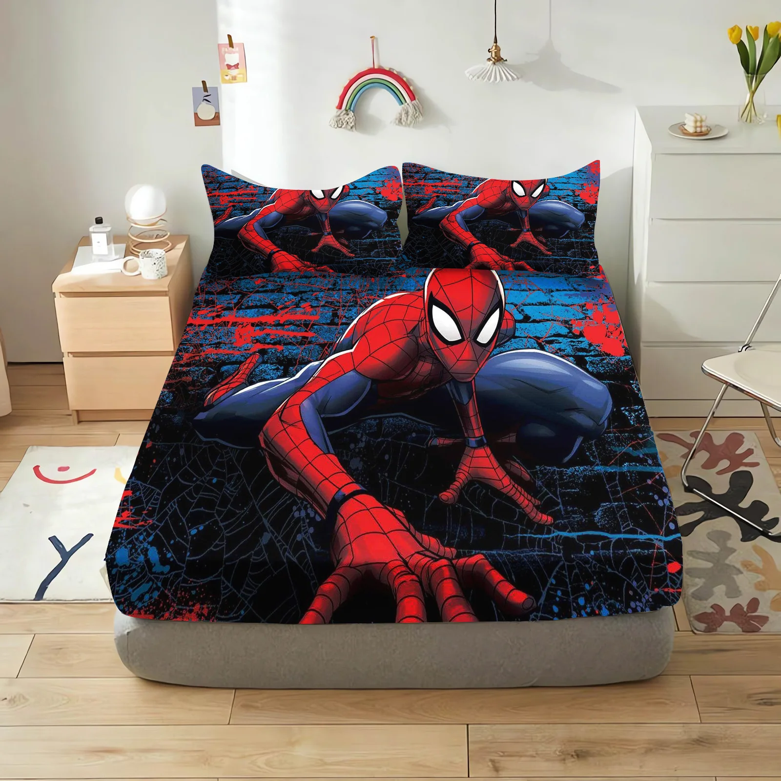SpiderMan Bedding Set 2/3pcs Fitted Sheet Printed 100% Polyester Anime Home Decor for Children And Adults anime bedding set