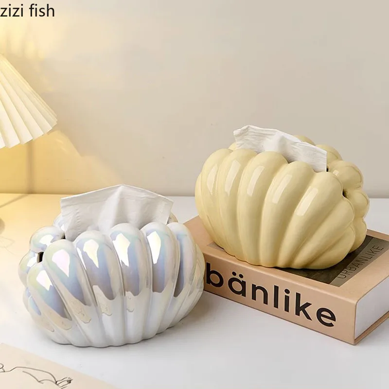 Ceramic Tissue Box Silver Shell Clamshell Desktop Cute Storage Container Napkin Paper Box Household Removable Tissue Box 2
