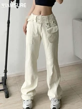 

IAMSURE Casual Solid Pockets Jeans Mid-Waisted Straight Pants Women 2022 Fashion Streetwear Ladies Slim Basic Trousers Outfits