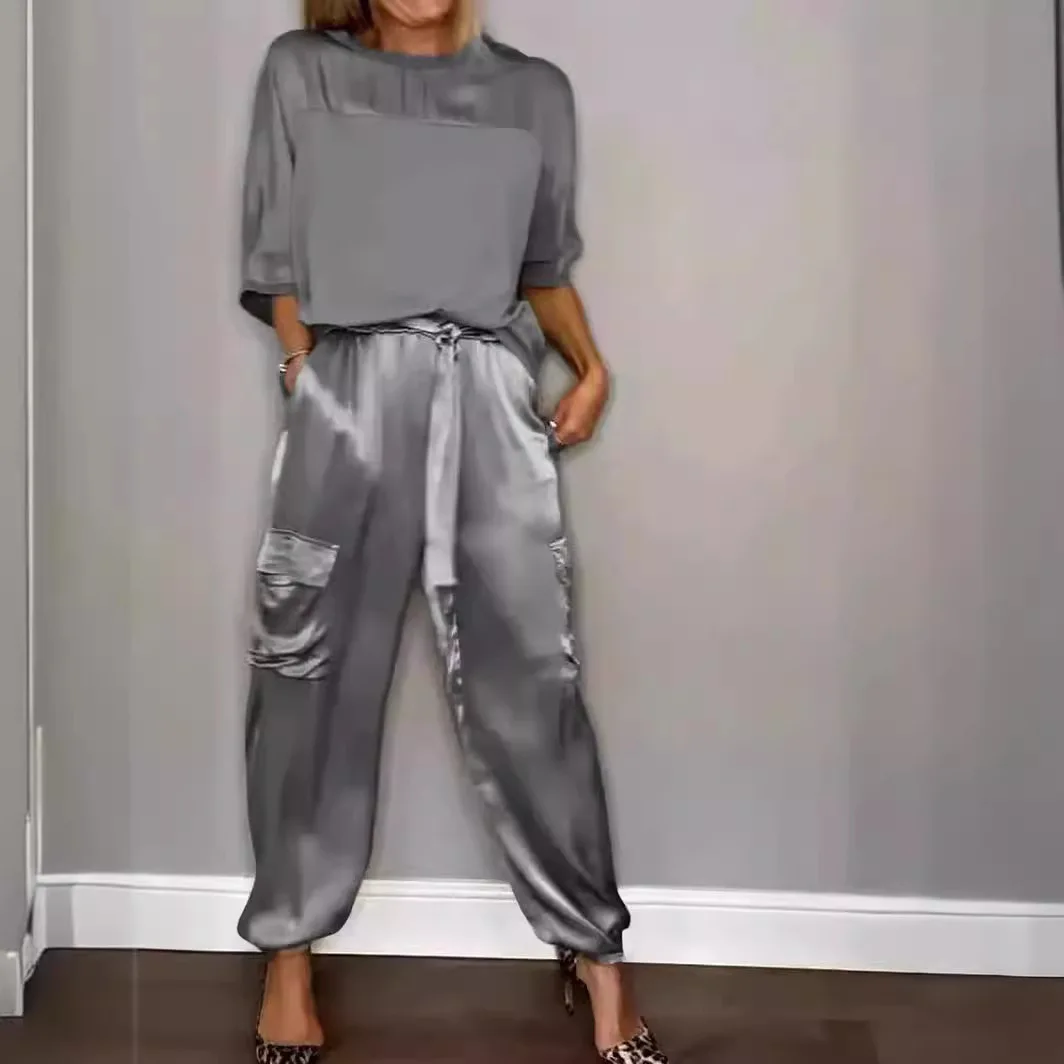 Women Casual Satin Ribbon Pullover Shirt Tops Harem Pant Suits