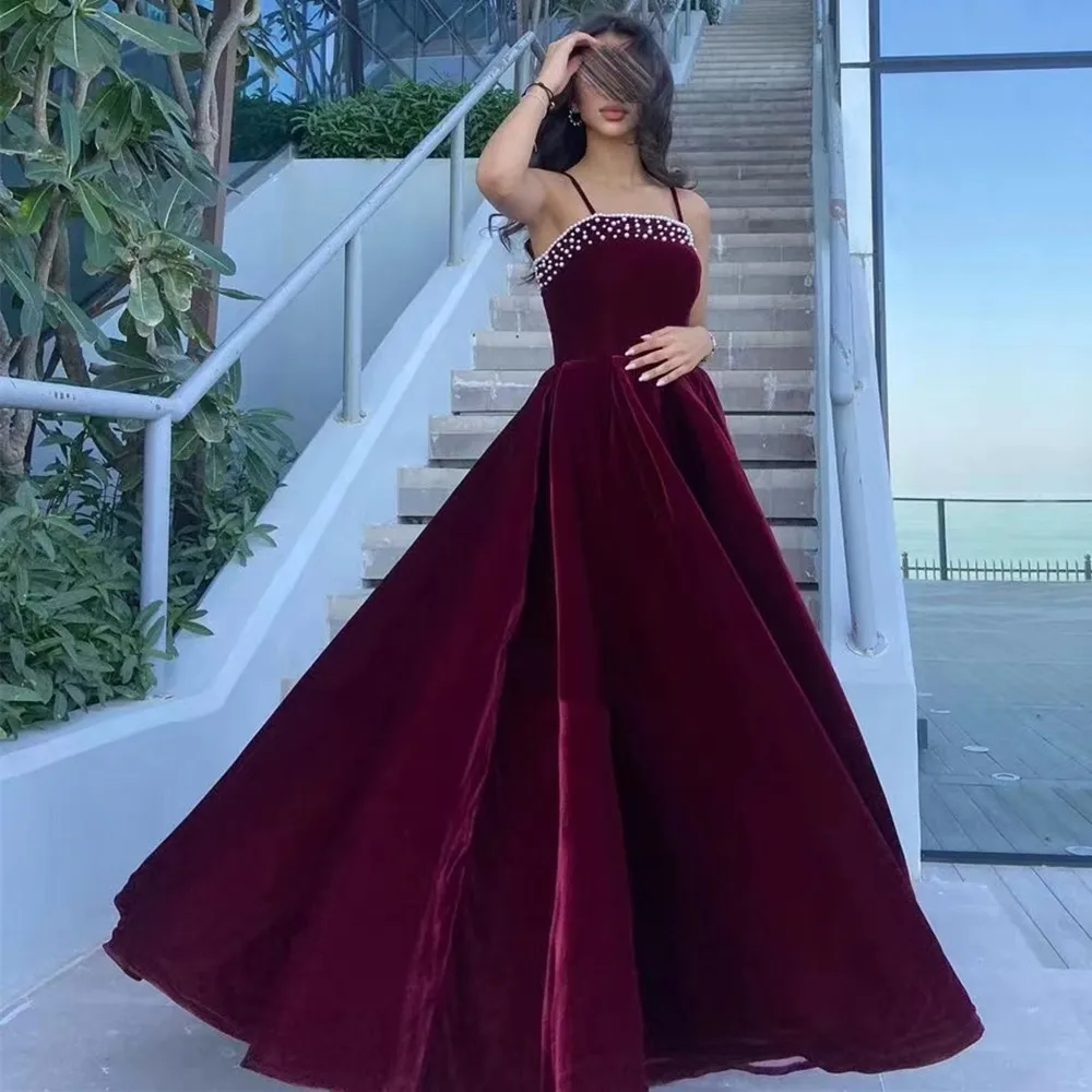 

Dark Burgundy Velour Ruched Long Prom Dresses Beaded Strapless Spaghetti Straps Elegant Party Women Wear Evening Formal Gowns
