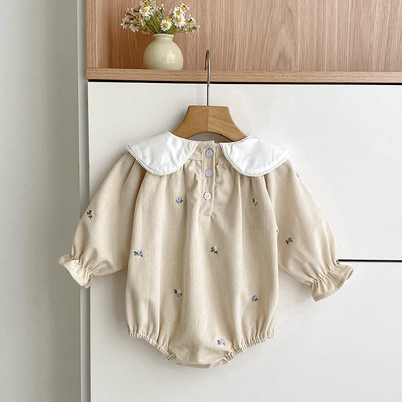 Autumn Newborn Infant Solid Color Bodysuit Girls Romper Floral Embroidery Long Sleeved Jumpsuit Baby Lapel Clothes Infant Clothe - Image 3