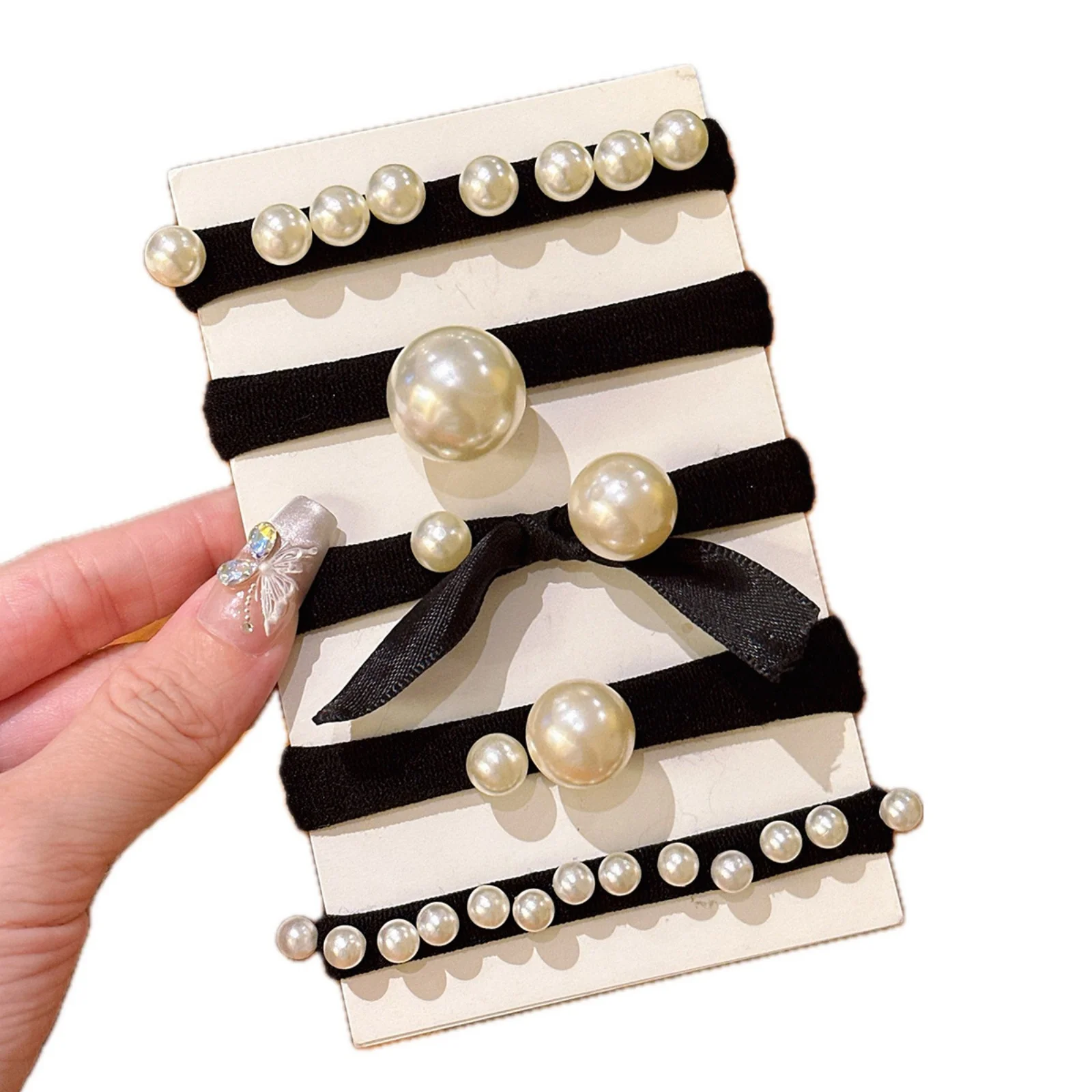 5pcs Fashionable and simple pearl hair tie, small fragrance, high elasticity head rope, thick and seamless scalp band