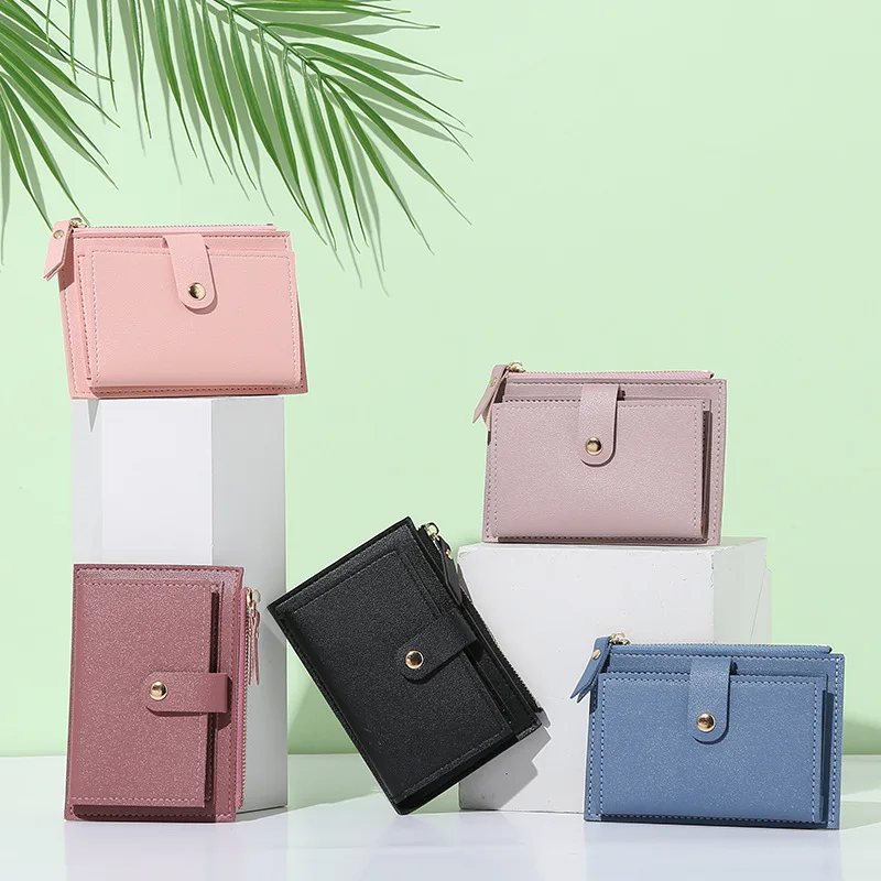 

PU Leather Female Purse Short Wallet Female Summer Thin Lovely Simple Solid Color Student Multi-slot Card Holder Purse