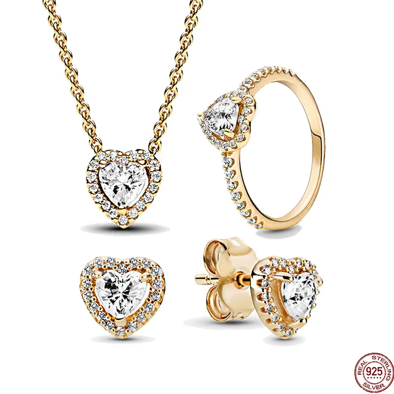 

New Gold Heart Series Jewelry Set 925 Sterling Silver Shining Heart Ring Necklace Earrings Charming Luxury Jewelry Gifts