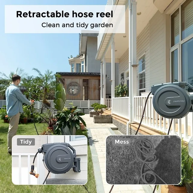 VEVOR Retractable Hose Reel, 65 ft x 5/8 inch, 180° Swivel Bracket  Wall-Mounted, Garden Water Hose Reel with 9-Pattern Nozzle, Automatic  Rewind, Lock at Any Length, and Slow Return System : 