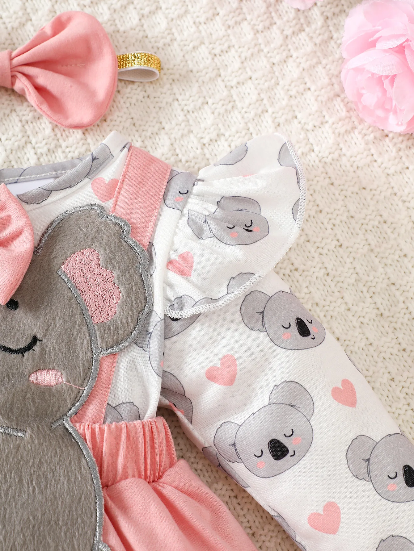 Charming Pink & Gray 3D Koala Tulle Dress with Bow Headband - Ideal for Adorable Photos and Princess Moments