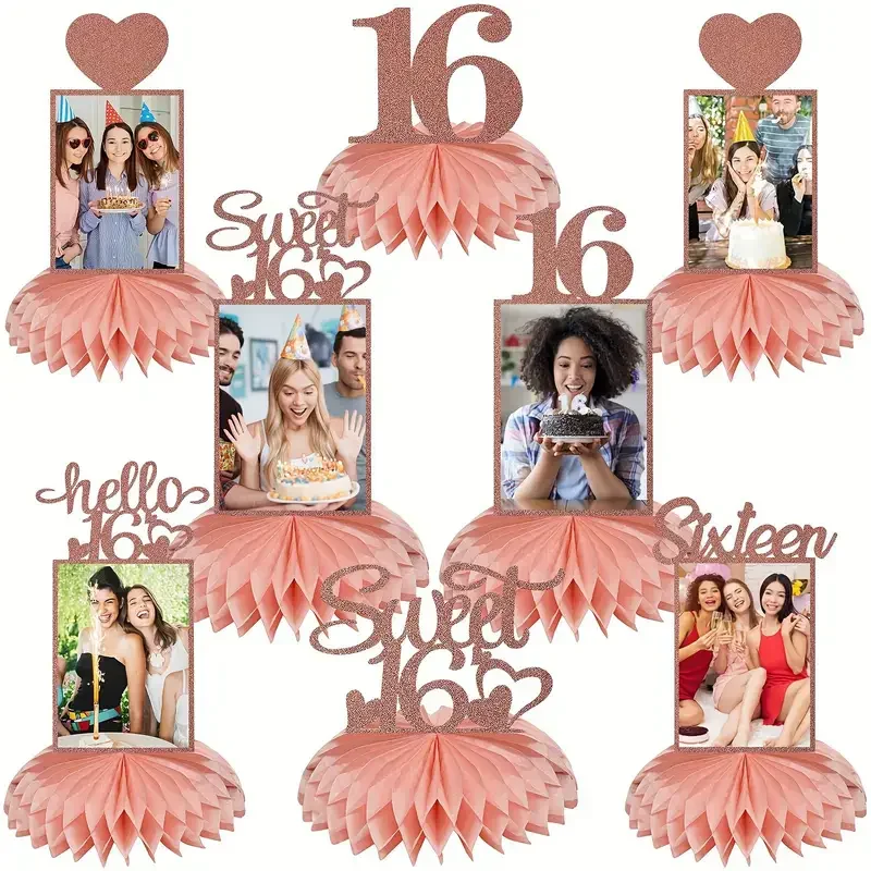 8Pcs Happy 16th Birthday Decorations Sweet 16th Birthday Photobooth Props Honeycomb Centerpiece Pink Rose Golden Party Supplies