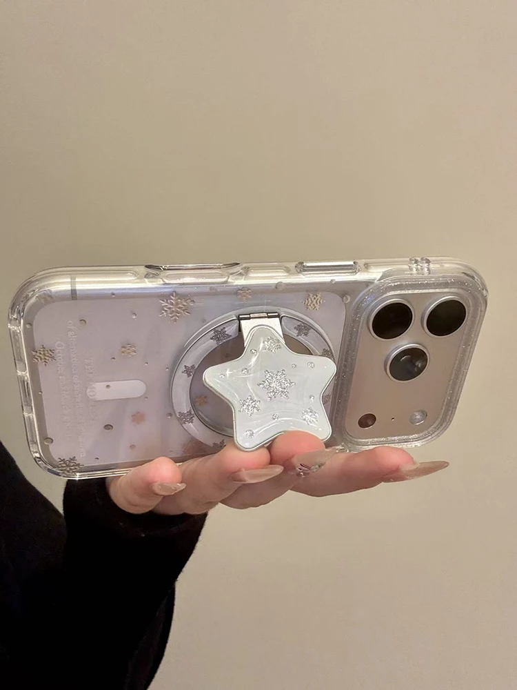 Elegant Bling Snowflake Star Magnetic Phone Stand Case with Wireless Charging Compatibility