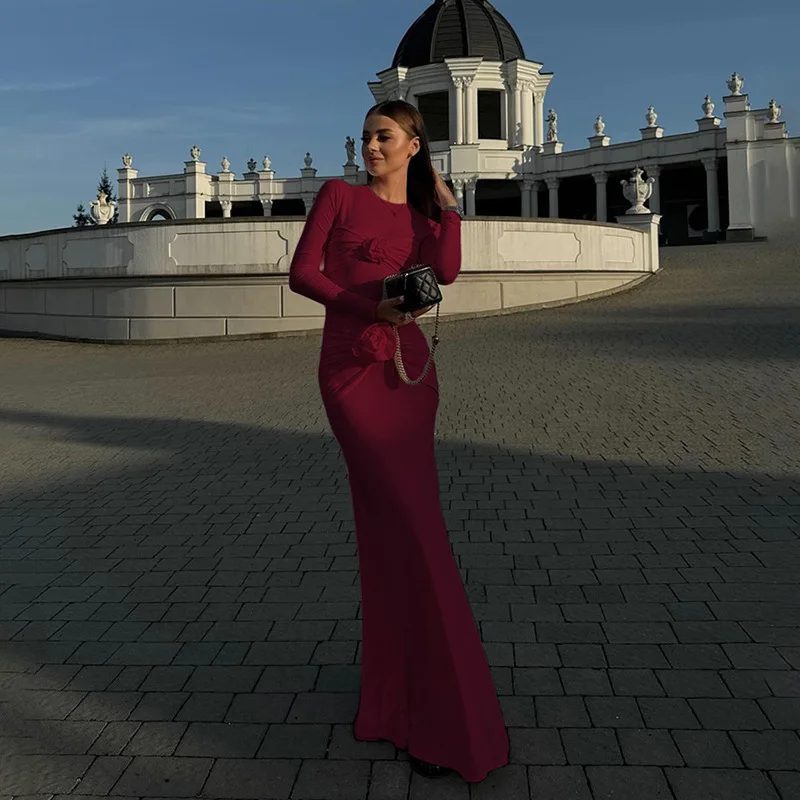 Sexy Slim Ruched Flower Maxi Dress For Women Long Sleeve Solid Party Streetwear Outfits Elegant High Elasticity Dresses