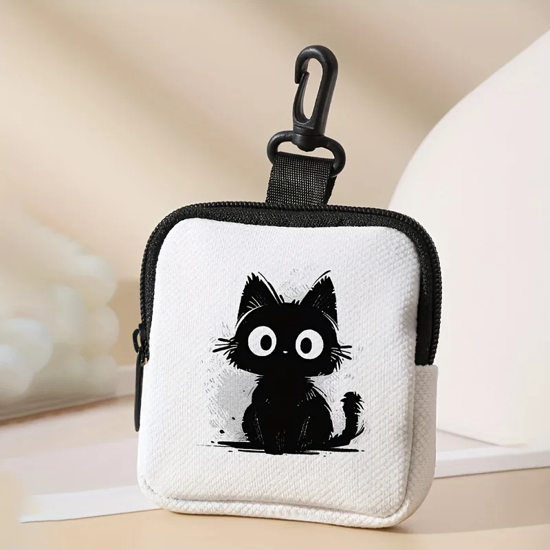 White Base Black Cat Printed Faux Leather Zipper Coin Purse Multi Functional Mini Earphone Bag