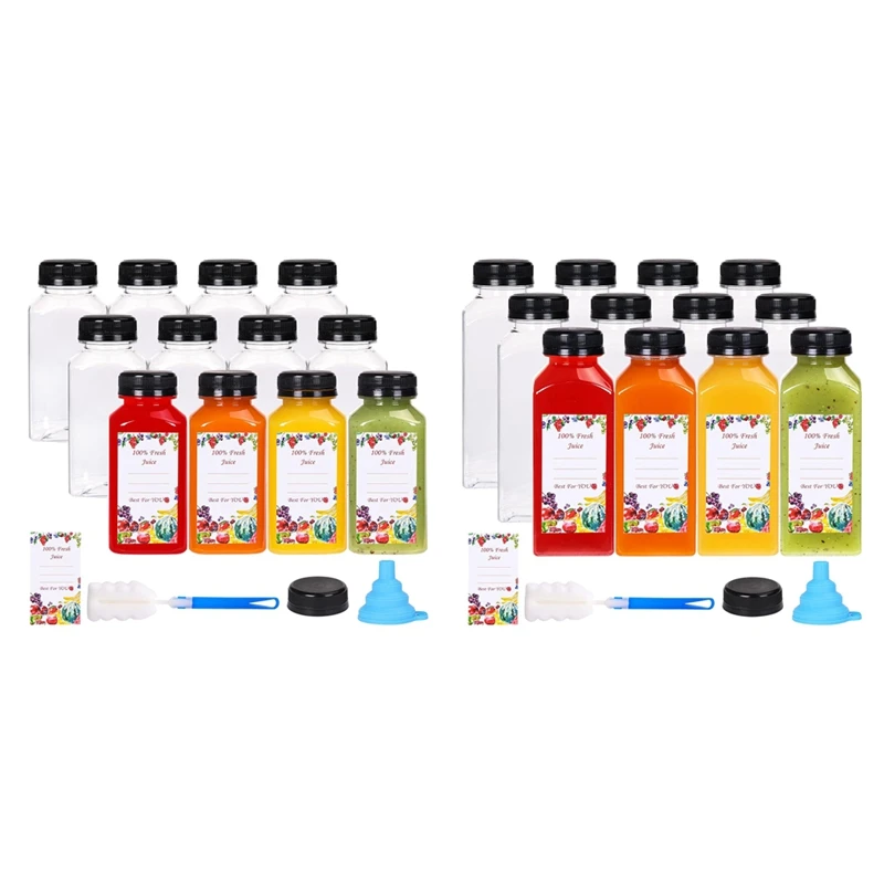 【Berserkk】12Pcs Plastic Juice Bottles With Tamper Evident Caps, Reusable Clear Juice Containers With Labels, Funnel And Brush