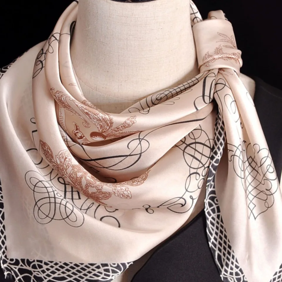Luxury Apricot Print Silk Square Scarf