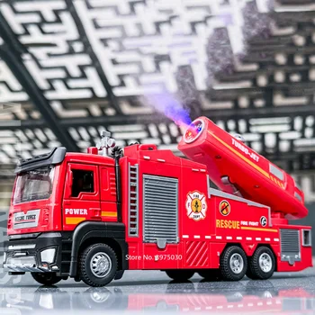 1/32 Spray Fire Engineering Truck Car Toy Model Alloy Diecast Doors Opened Sound Light Rubber Tires Vehicle Collection Kid Gift 1