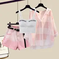Fashion Tie-dyed Shorts Sunscreen Plaid Shirt Pink Bra Three-piece Elegant Women's Pants Set Summer Outfits Tracksuit for 2025 - Image 2