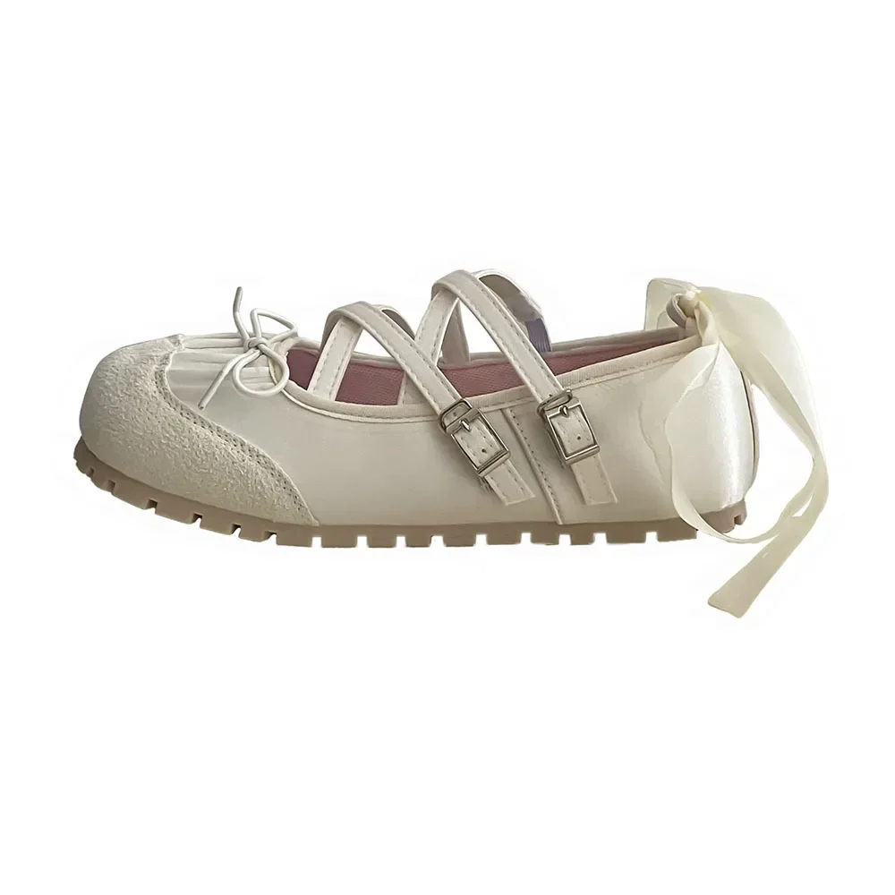 Ballet Flat Mary Jane Shoes Women Soft Bottom Puff Ballerina Slippers Summer French Style Knot Tie Sport Shoes