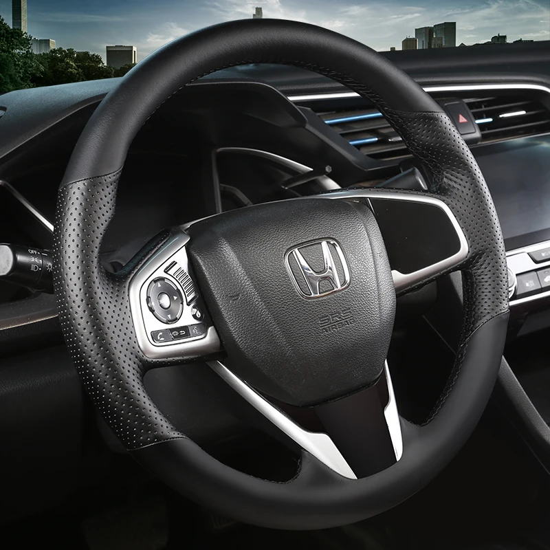 

Hand-stitched black non-slip hole-punch leather car steering wheel cover suitable for Honda Civic10 2016-2019 CRV CR-V 2017-2019