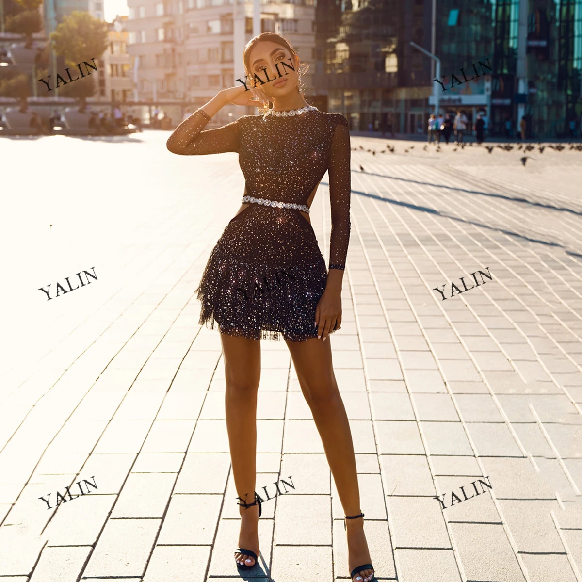 YALIN Fashion See-Through Long Sleeve Cocoktail Party Dresses Mini Little Back Dress Beading Sashes A-Line Cut Out Prom Dress