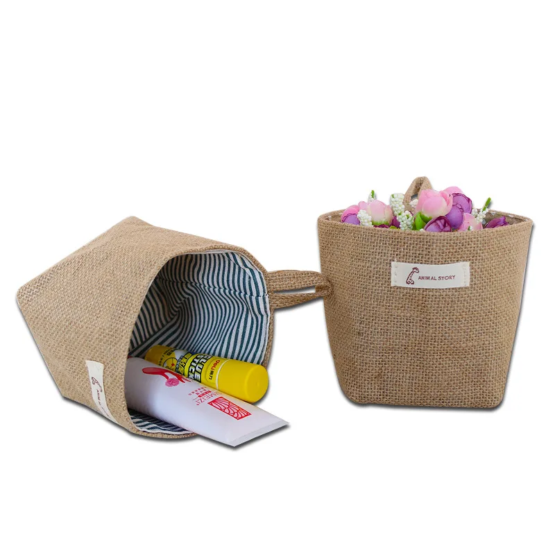 Hanging Storage Bag Fabric Jute Desktop Storage Bucket Home Office Organizer Flower Pot Small Sack Bathroom Kitchen Basket 6