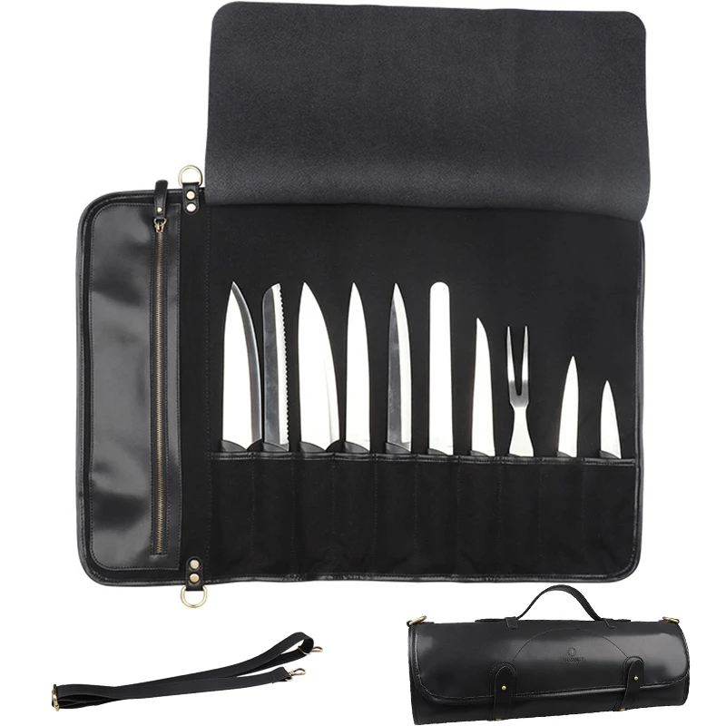 

Leather Chef Knife Roll Bag Professional Work Travel Carrying Cooking Knives Carry Case Durable Camping Kitchen Knives Pocket