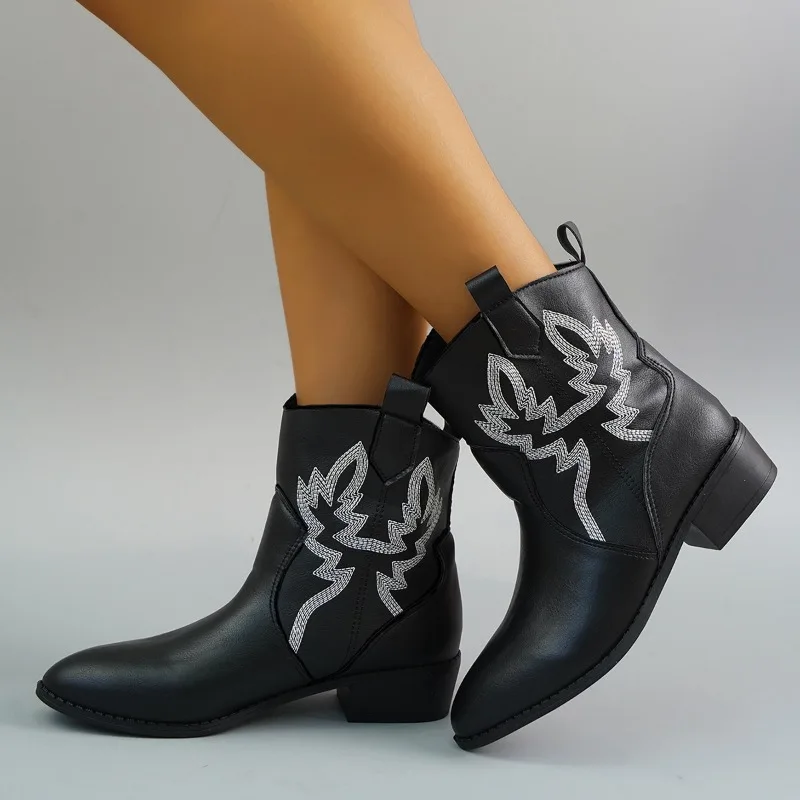 

Новинка 2023, женская обувь, женские ботильоны без шнуровки с вышивкой, женская обувь с острым носком и квадратным каблуком, зимние женские ботинки