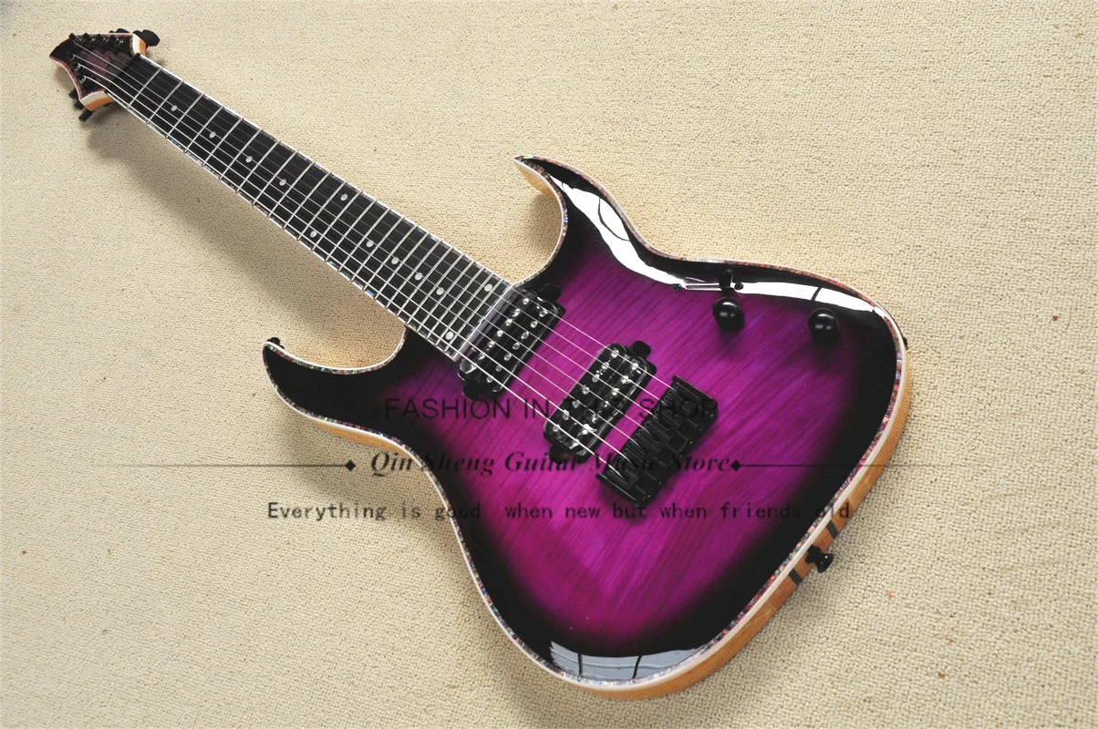 

7 String Electric Guitar Purple Guitar ASH Wood Body Flamed Maple Top Abalone shell Binding Fixed Bridge Black Tuners