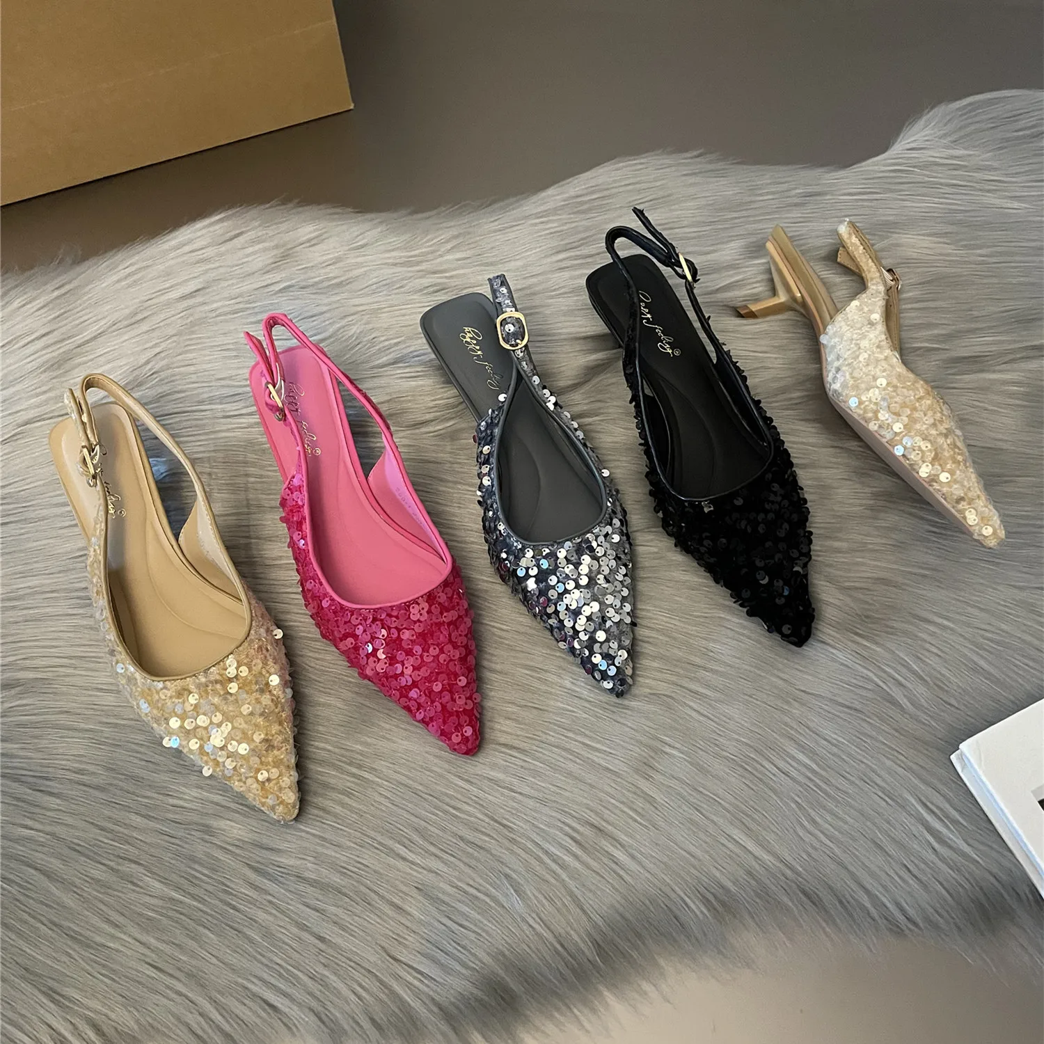 Bailamos New Bling Women Sandals Fashion Pointed Toe Shallow Slip On Ladies Elegant Slingback Shoes Med Heel Pumps Shoes Size40