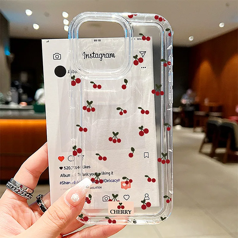 For iPhone 16 17 15 14 13 12 11 Pro Max Case Cartoon Cherry Floral Clear Cover For iPhone XS Max 7 8 Plus 16E 17 Air Soft Funda