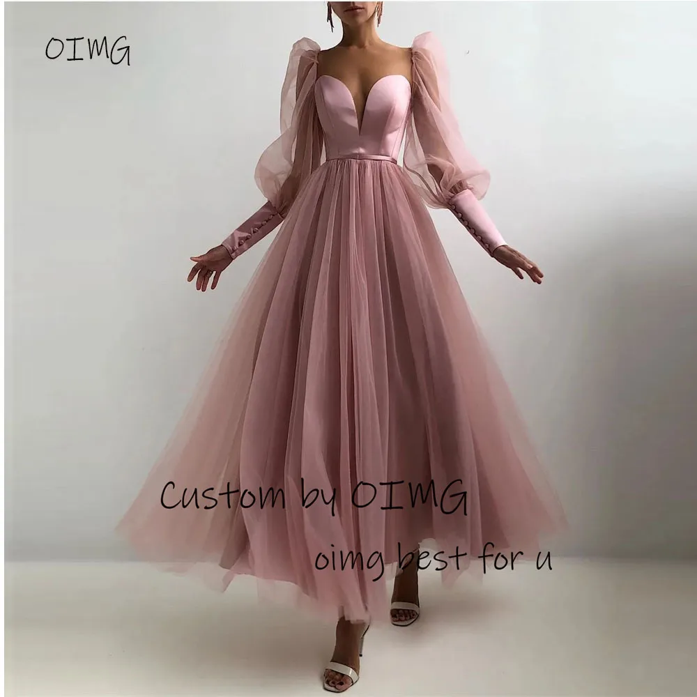 

OIMG Modern Dusty Pink A Line Evening Dresses Puff Long Sleeves Tulle Sweetheart Arabic Ankle Formal Party Dress Prom Gowns