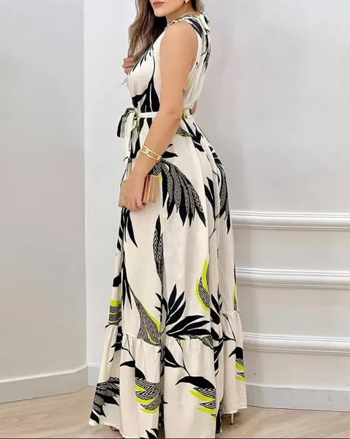 Spring Fashion Leaf Print Sleeveless Casual O-Neck Maxi Dress