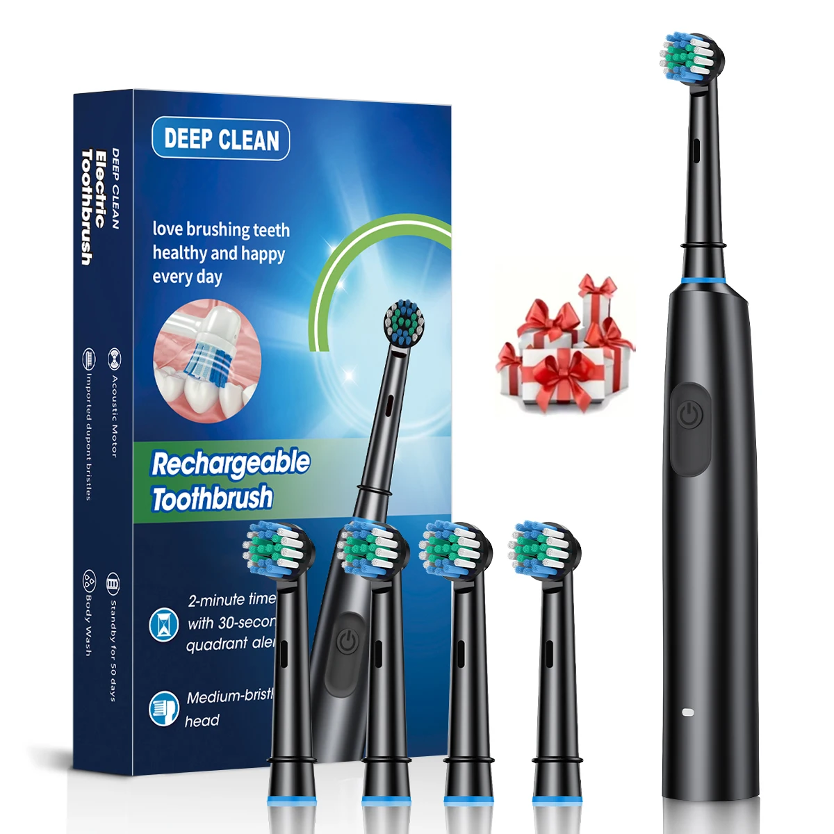 Electric Toothbrush Rotary Rechargeable Electric Toothbrush for Adults Rotating Electric Toothbrushes with 8 Soft Brush Heads