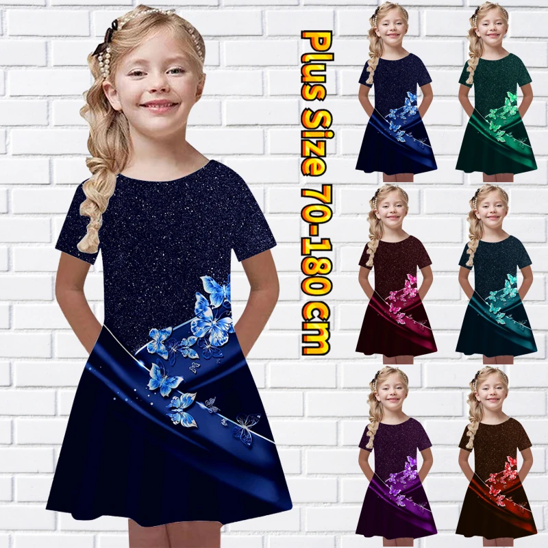 

2023 New Summer Girls 3D Print Dresses Kids Girl Party Short-sleeved Skirt Princess Dress 3D Print Pretty Colorful Cute Dress