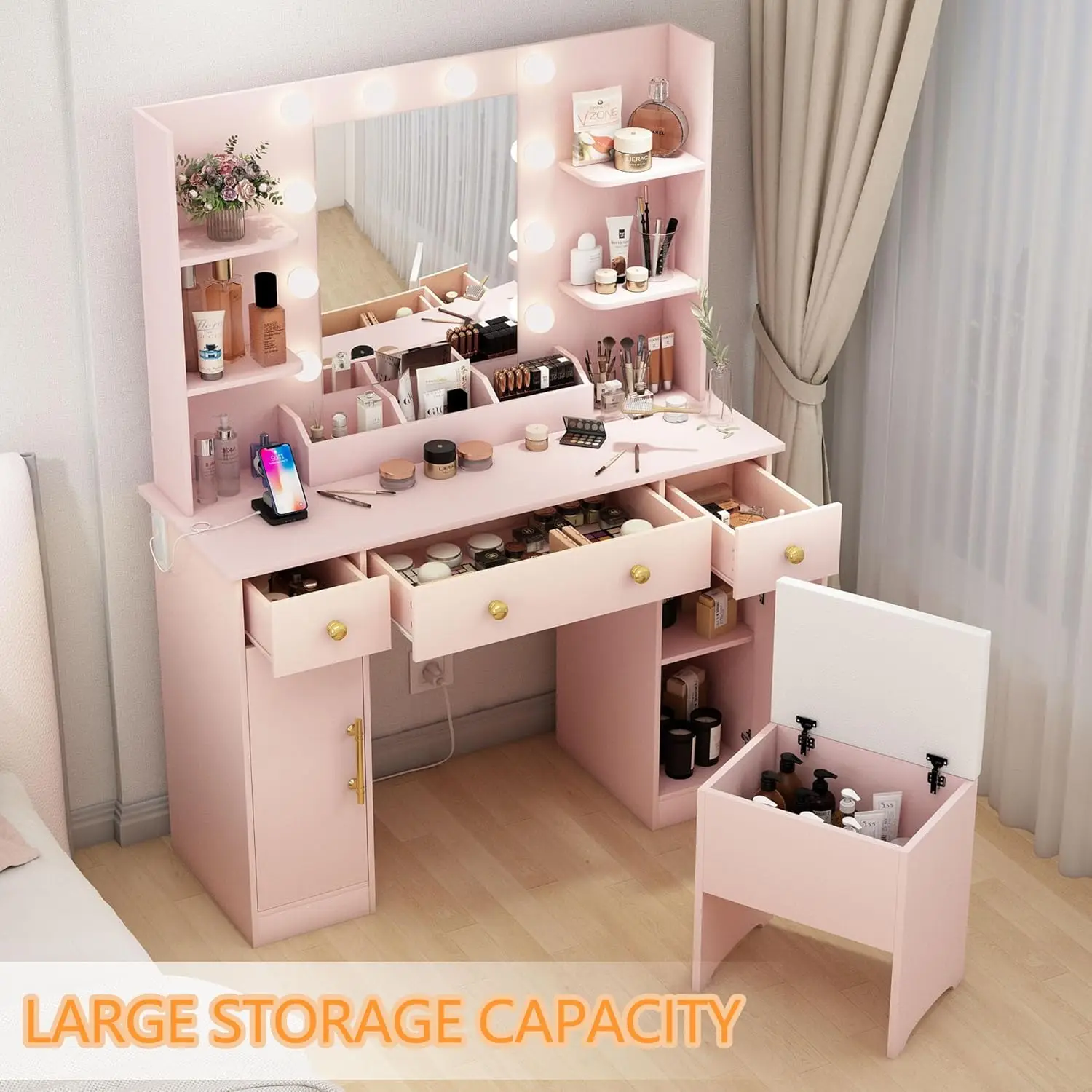 Desk with Mirror and Lights 43" Pink Makeup Dressing Table Set with 5 Drawers & Chair Power Outlet 3 Lighting Modes Adjustable