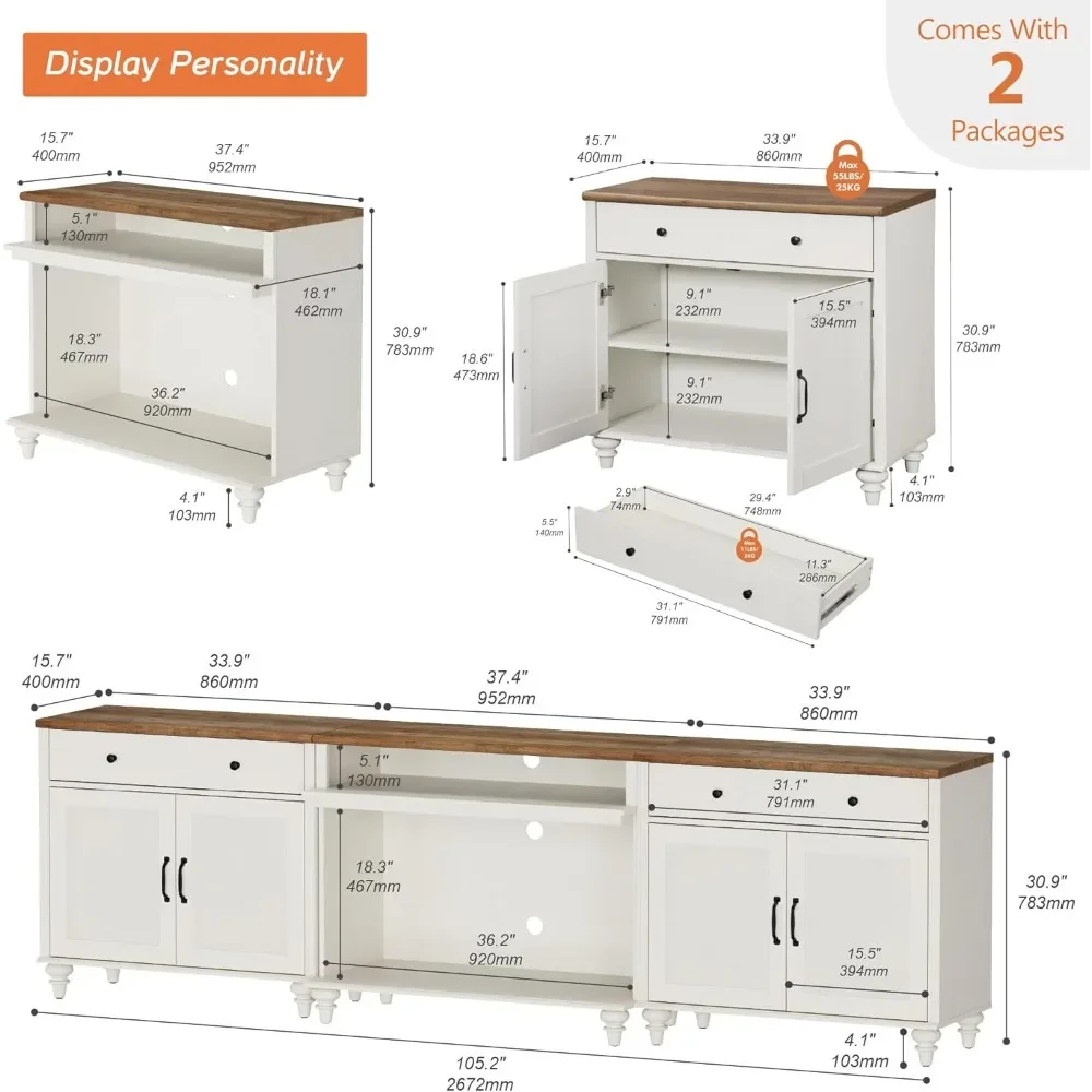 Buffet Cabinet with 4 Doors and 2 Drawers,Wood Kitchen Storage Cabinets, Farmhouse Sideboard Credenza with 2 Open Shelves 2