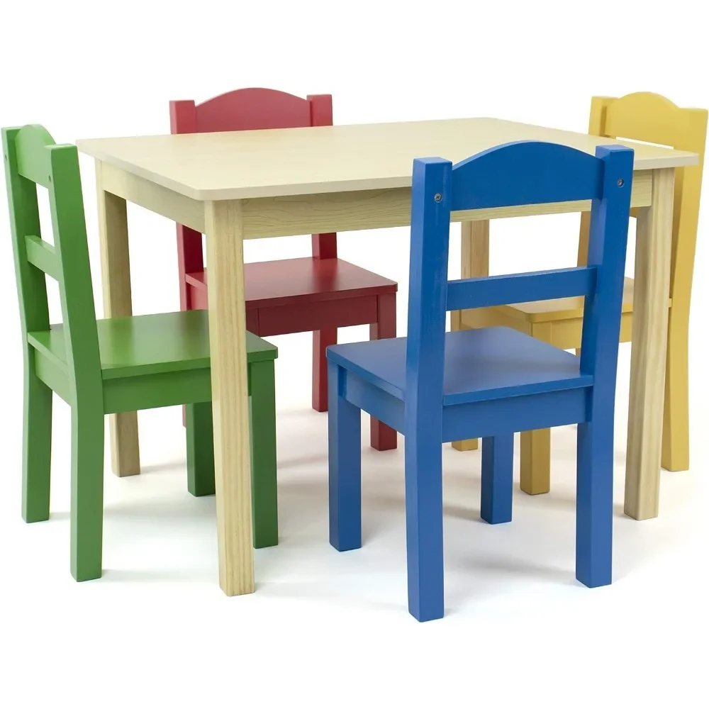 

Kids Wood Table and Chair Set (4 Chairs Included) - Ideal for Arts & Crafts, Snack Time, Homeschooling,Natural/Primary