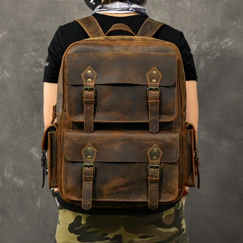 Vintage Crazy Horse Genuine Leather Backpack Men Bagpack Cowhide Hiking Backpack 17"laptop Bag Male Travel Rucksack Large M815 1