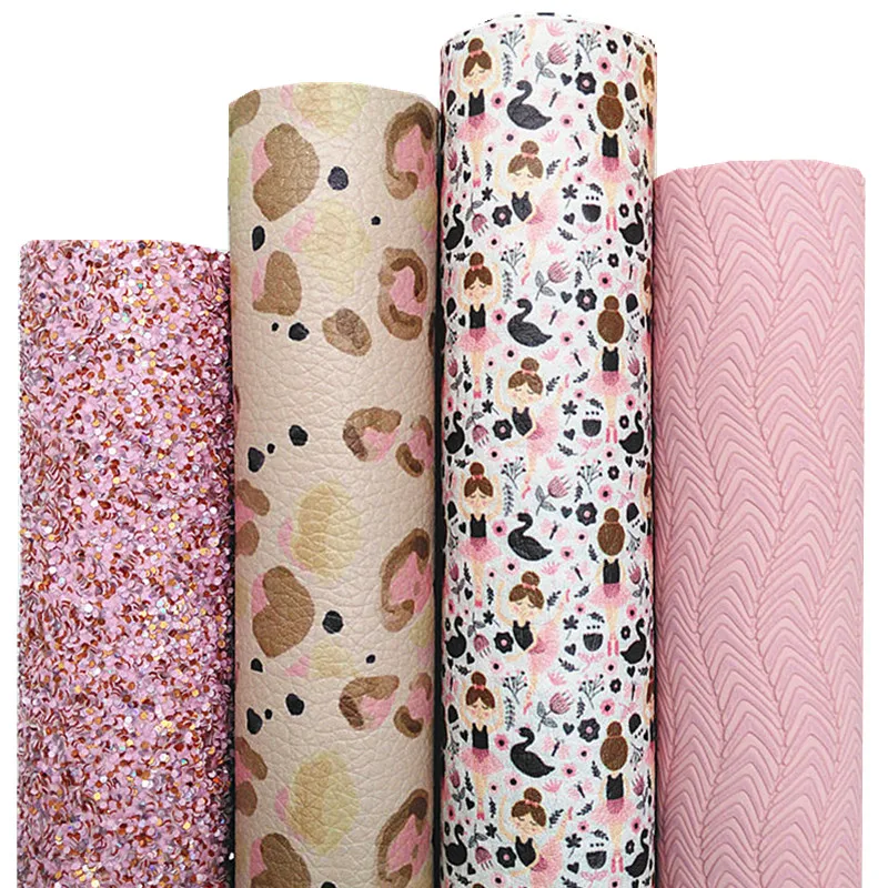 Ballet Dancers Custom Synthetic Leather Fabric Sheets Leopard Faux Leather Pink Glitter Leather Sheet For Bows DIY 21x29CM Q1066