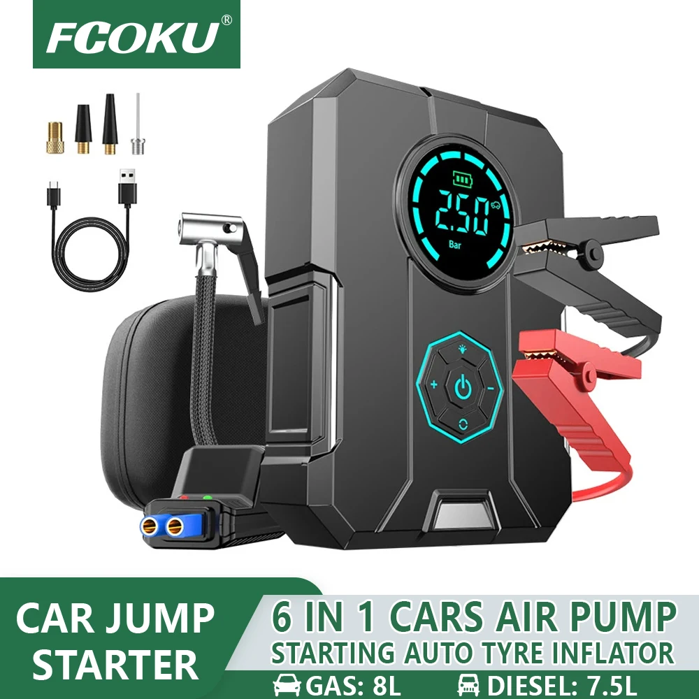 자동차 점프 스타터 비상 공기 펌프, 휴대용 공기 압축기 보조배터리, 자동차 배터리 점프 스타터, 자동 타이어 팽창기, 6 in 1 