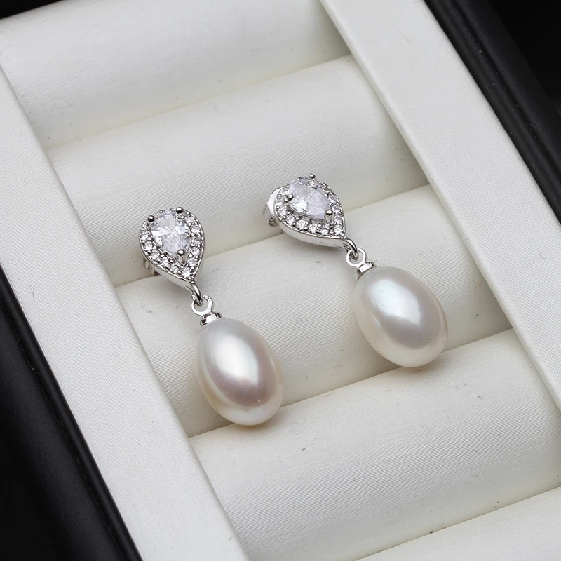 Genuine Freshwater Natural Long Pearl Earrings for Women,Trend Bridal Pearl Earrings 925 Silver White Pink Black