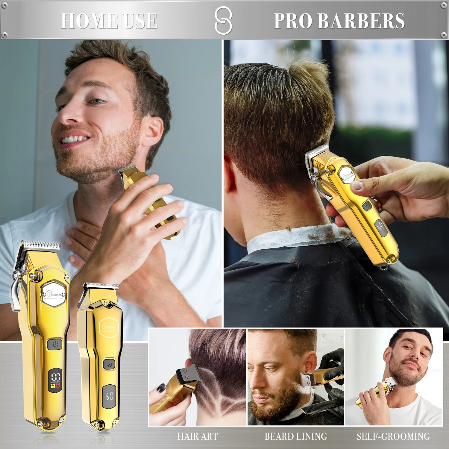 HATTEKER Professional Hair Clippers for Men, Cordless Metal Barber Clippers and Trimmers Set, Clippers for Hair Cutting Kit 2