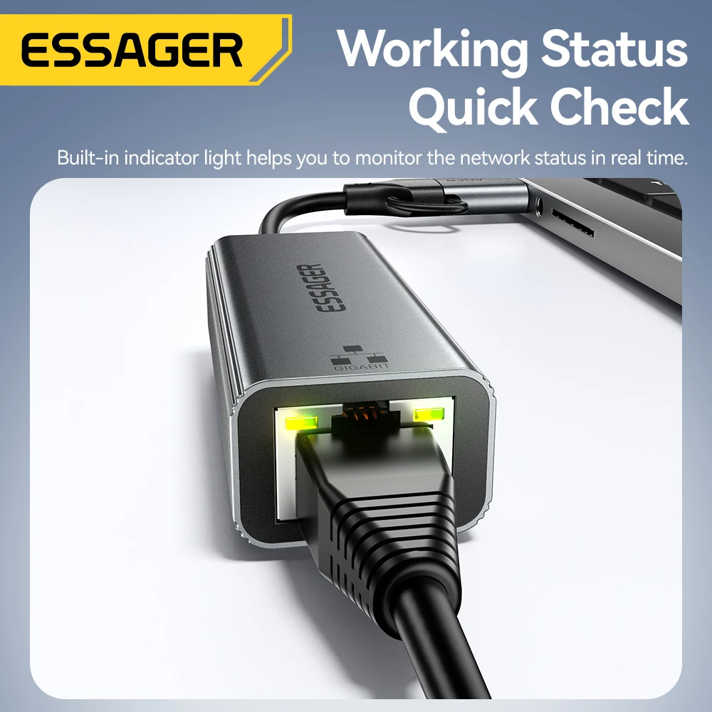 Essager 2-in-1 Ethernet Adapter USB-A/Type-C to RJ45 Network Card 1000Mbps Ethernet Gigabit Adapter Lan Card for MacBook Laptop