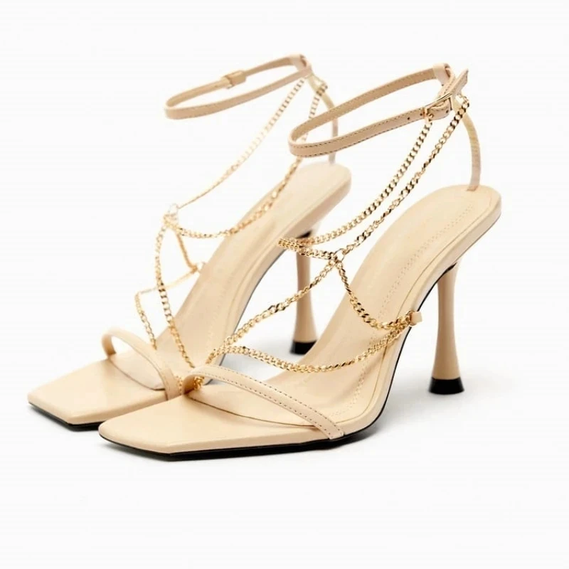 

TRAF Female Chic Chain Square Toes Sandals Women Sexy Beige High Heels Summer Thin Straps Pumps Office Ladies Stiletto Shoes