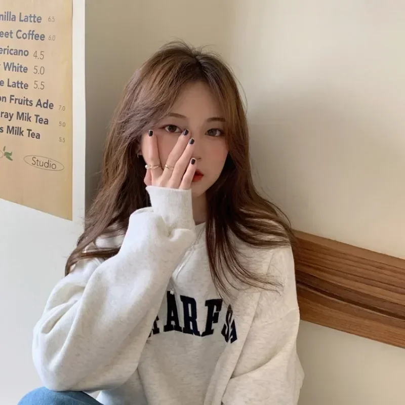 Autumn Kpop Letter Hoodies Women Fashion Korean Thin Chic O Neck Sweatshirts Y2k Streetwear Casual Loose Embroidered Tops