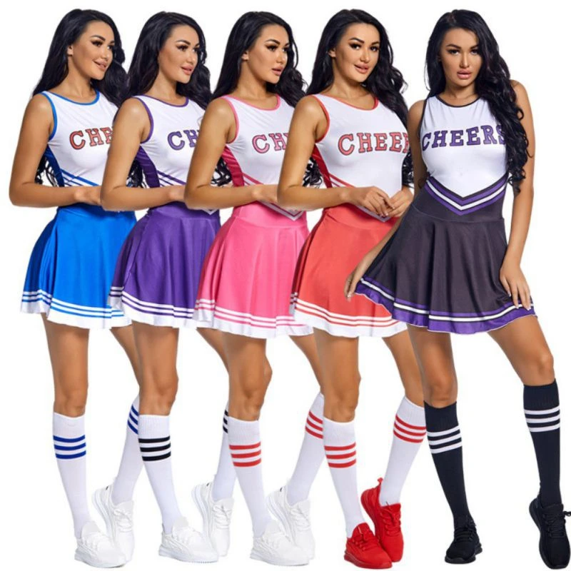 Womens Cheerleading Uniform Dance Costume Schoolgirl Cosplay Outfit with Socks Cheering Flower