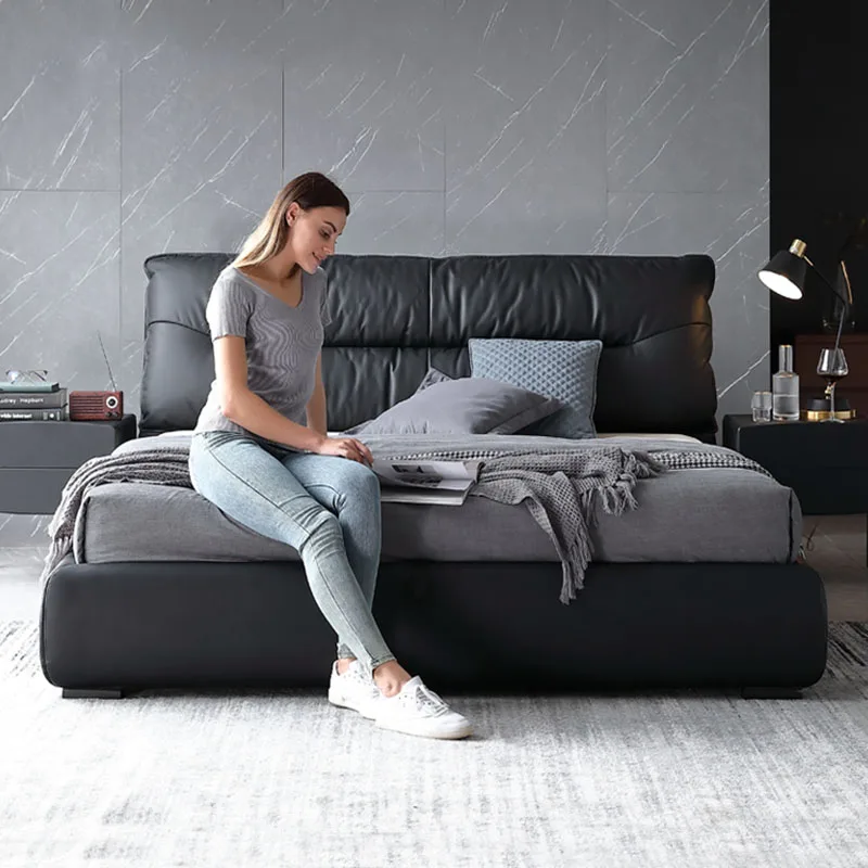 

Женская роскошная кровать из натуральной кожи, 1,8 м, современная простая сверхмягкая двуспальная кровать, черная Свадебная кровать