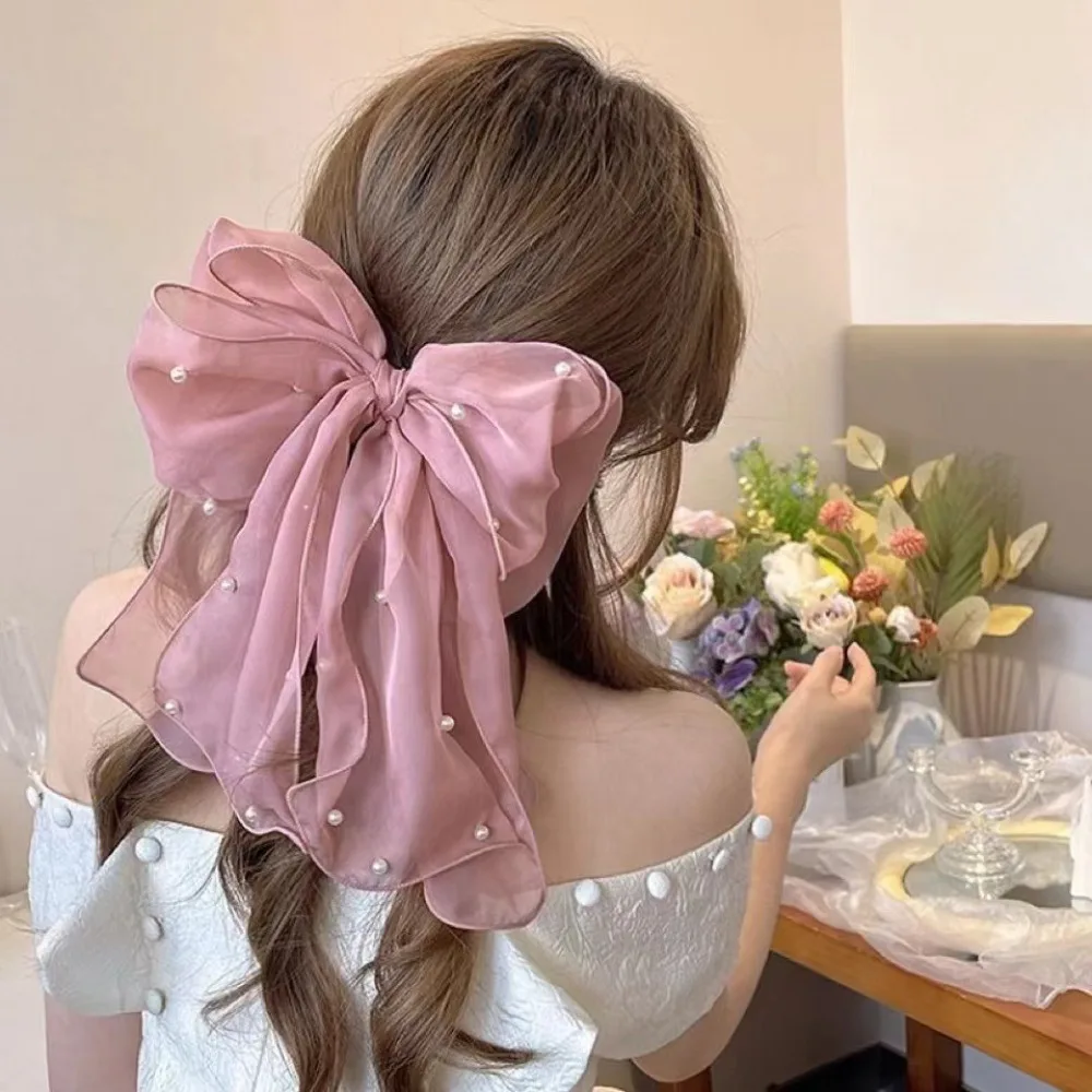 

Net Yarn Bow Hairpin Elegant Oversized Chiffon Bow Hair Clip Pearls Ribbon Bowknot Hairpin Ladies