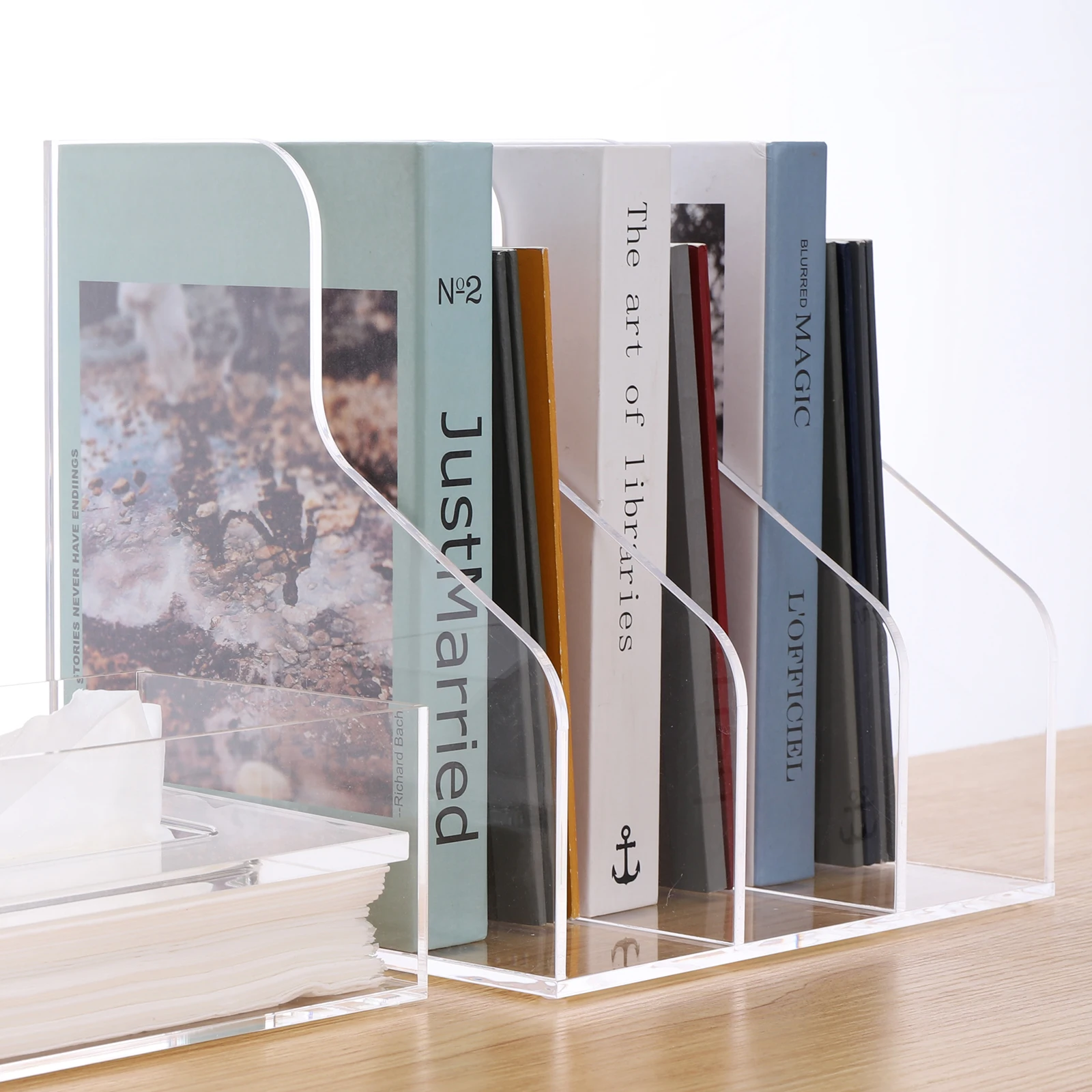 SANRUI 3 Slots Acrylic Magazine Holder Desktop File Sorter Organizer Rack Bookshelf Office Desk Accessories Storage Stand