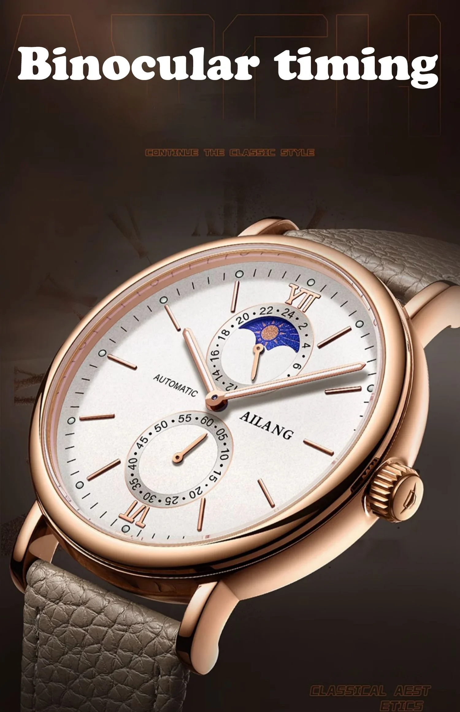 AILANG Echte binokulare Mondphasen-Quarzuhr, einfache, trendige, im Dunkeln leuchtende, wasserdichte Herrenuhr mit Gürtel_voghion.com