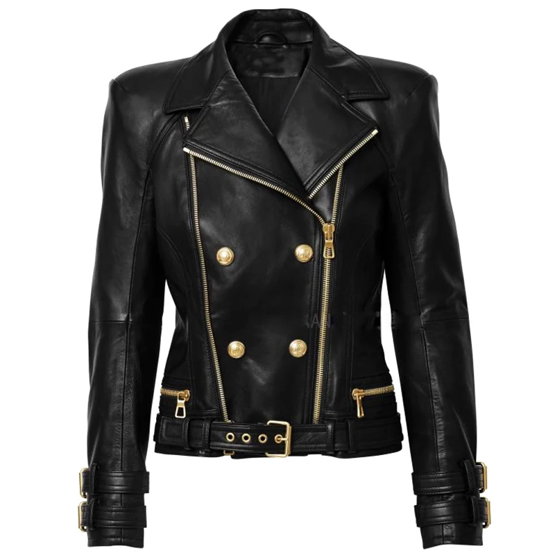 

HIGH QUALITY 2023 New Designer Leather Jacket Women's Lion Buttons Double Zippers Biker Leather Motorcycle Jacket